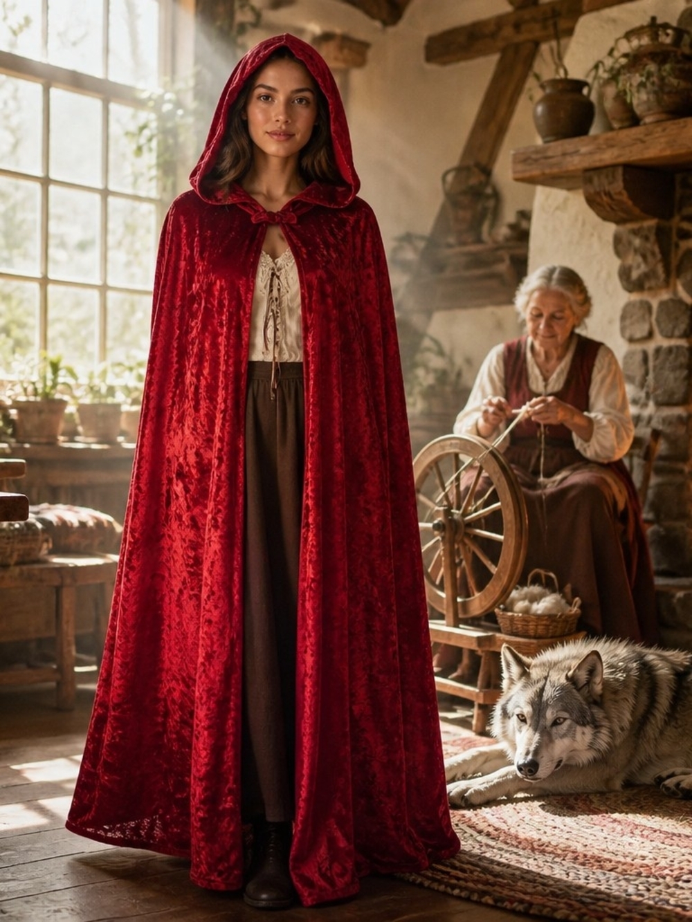 Spirit Red Velvet Hooded Cape with Tie Closure